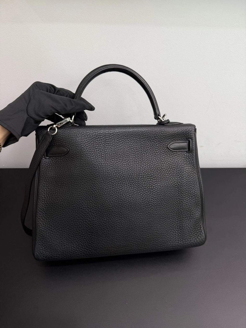 Authentic Hermes Kelly 32 Togo Tote Top Handle Crossbody Bag Black SHD