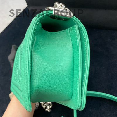 Chanel Small Le Boy Chevron Green Silver Chain Shoulder Bag Women Classic