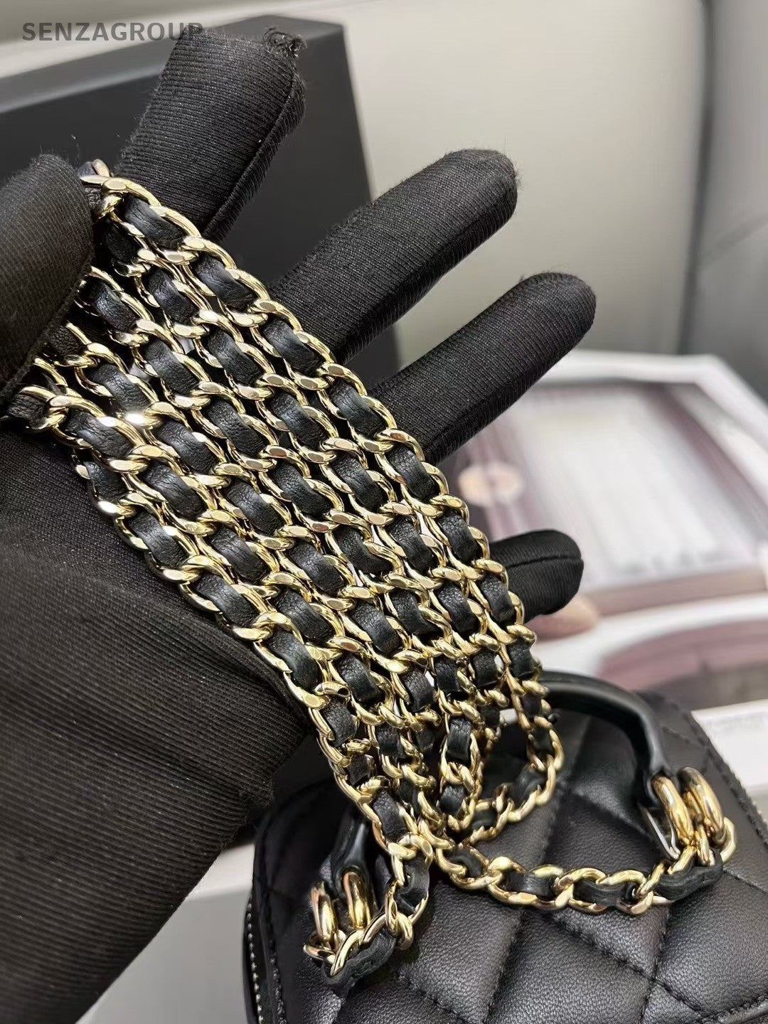 CHANEL Vanity mini Lambskin Top Handle Chain Shoulder Handbag Black Gold Women