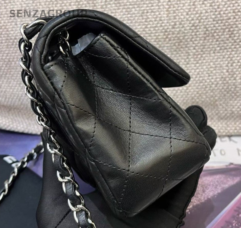 Chanel Classic Flap Mini Lambskin Chain Crossbody Shoulder Black Silver Women
