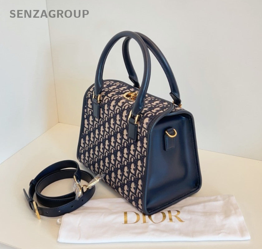 Christian Dior Boston Monogram Top Handle 2way Shoulder Handbag Blue Gold Women