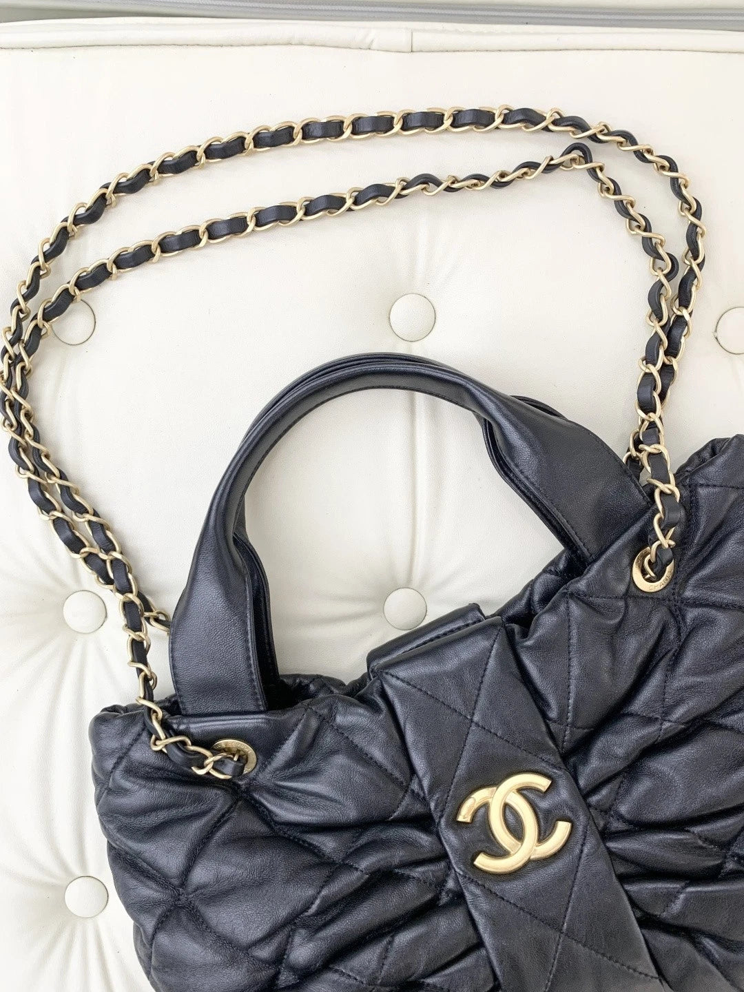 Chanel Lambskin MM 2Ways Top Handle Shoulder Bag Black Gold Hardware Women S