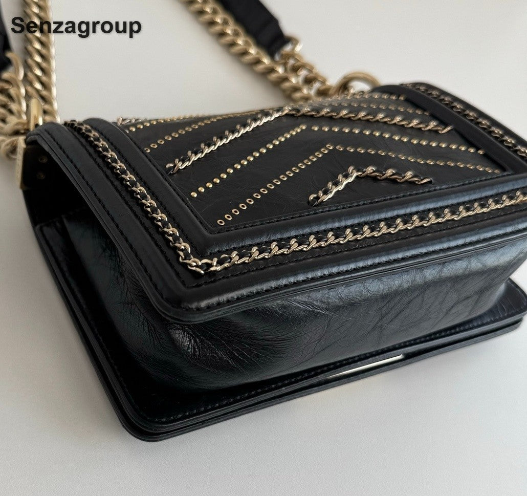 Chanel Leboy PM Calfskin Chain Shoulder Bag Black Gold Women Classic Fashion