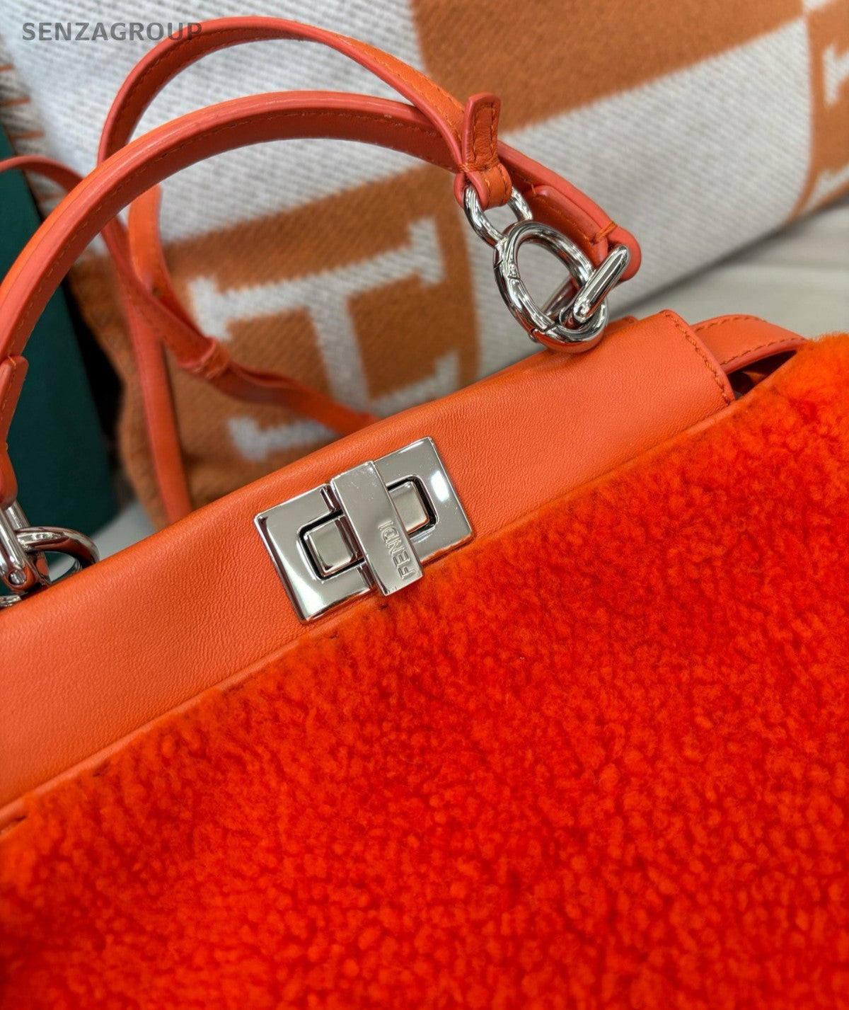 Fendi  Peekaboo PM Lambskin Top Handle Bag Crossbody Orange Silver Women