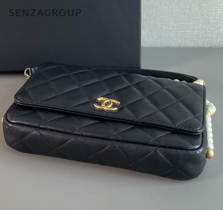 Chanel WOC Pearl Chain Shoulder Bag Crossbody Black Gold Women Designer Classic