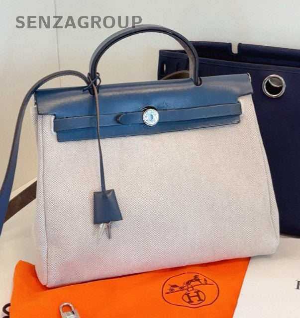 Hermes Herbag31 Top Handle Bag Shoulder Bag White Blue Silver Women Vintage