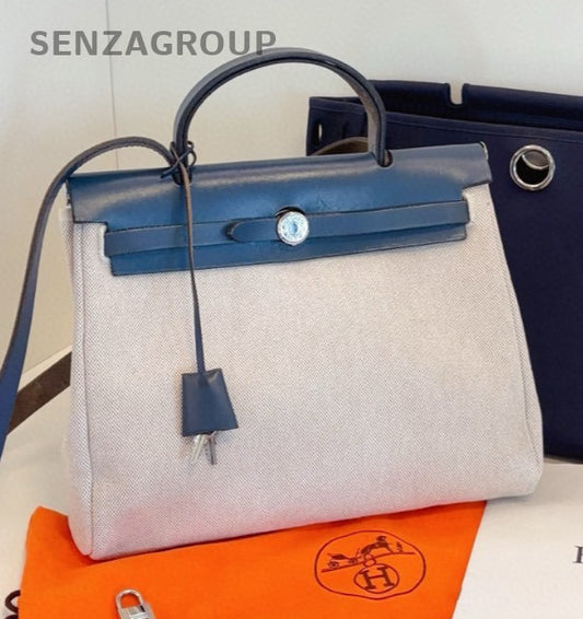 Hermes Herbag31 Top Handle Bag Shoulder Bag White Blue Silver Women Vintage