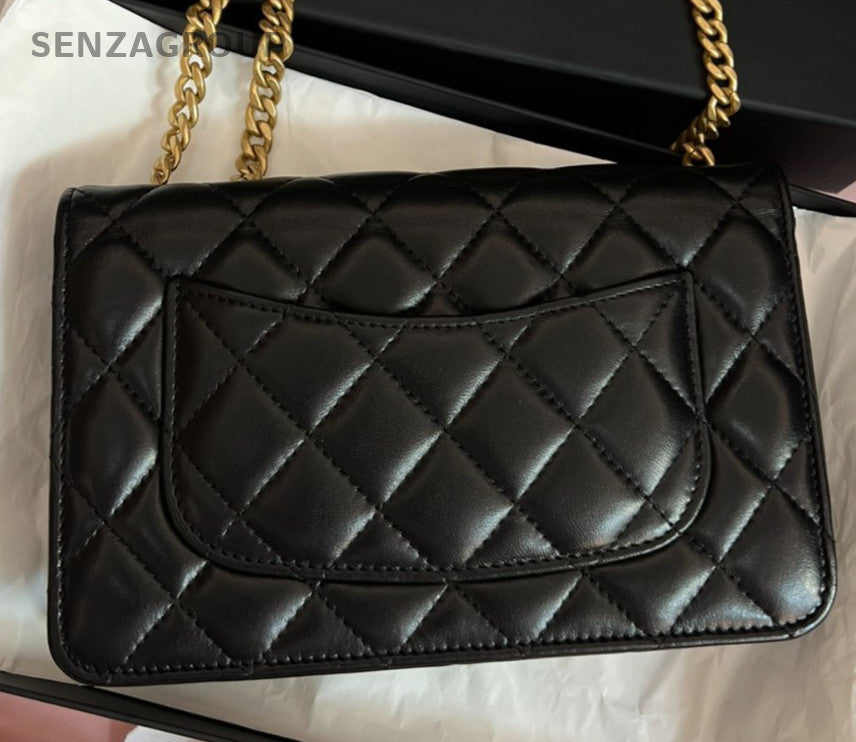 Chanel Diamond WOC Chain Shoulder Bag Crossbody Black Gold Women Classic