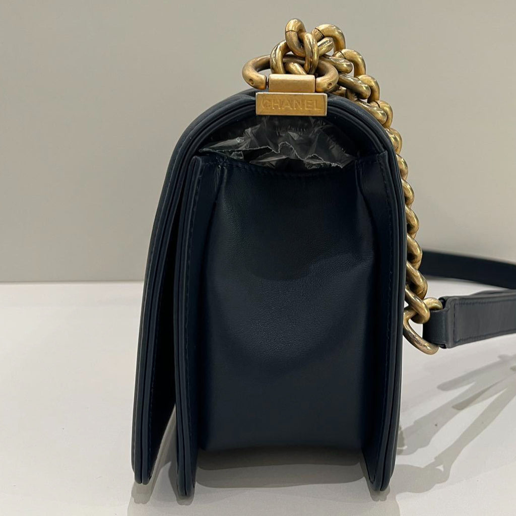 Chanel Le Boy Medium Chevron Blue Gold Chain Shoulder Crossbody Bag