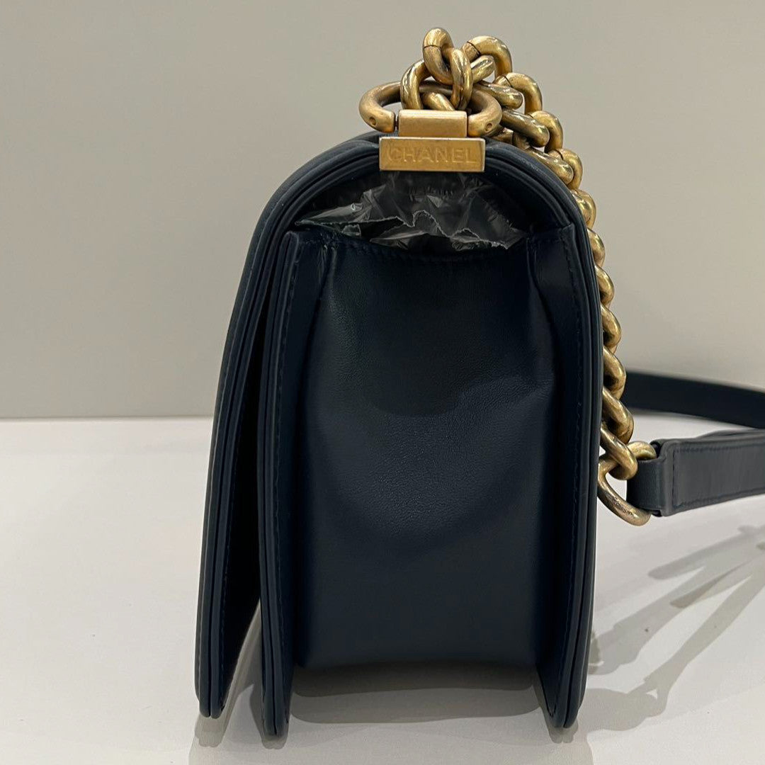 Chanel Le Boy Medium Chevron Blue Gold Chain Shoulder Crossbody Bag