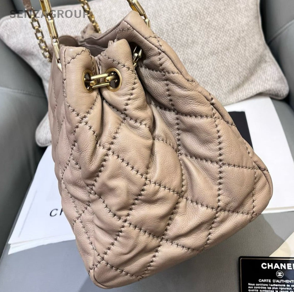 Chanel Diamond Chain Shoulder Bag Beige Gold Used Women Classic