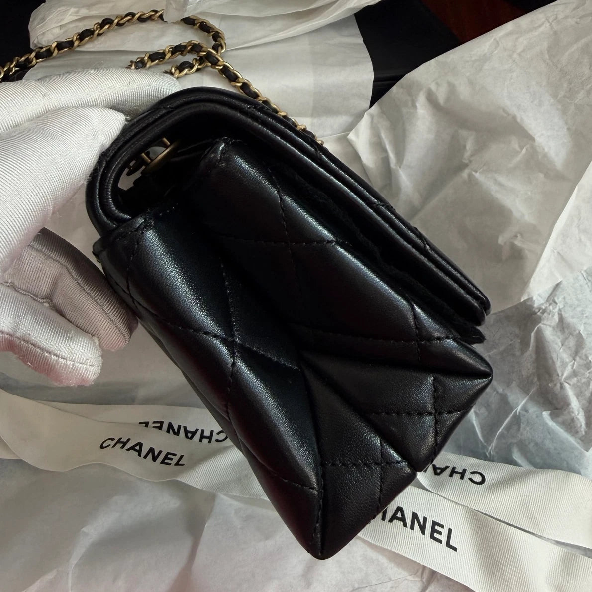 Chanel Lambskin Chain Shoulder Bag Crossbody Black Gold Diamond Excellent