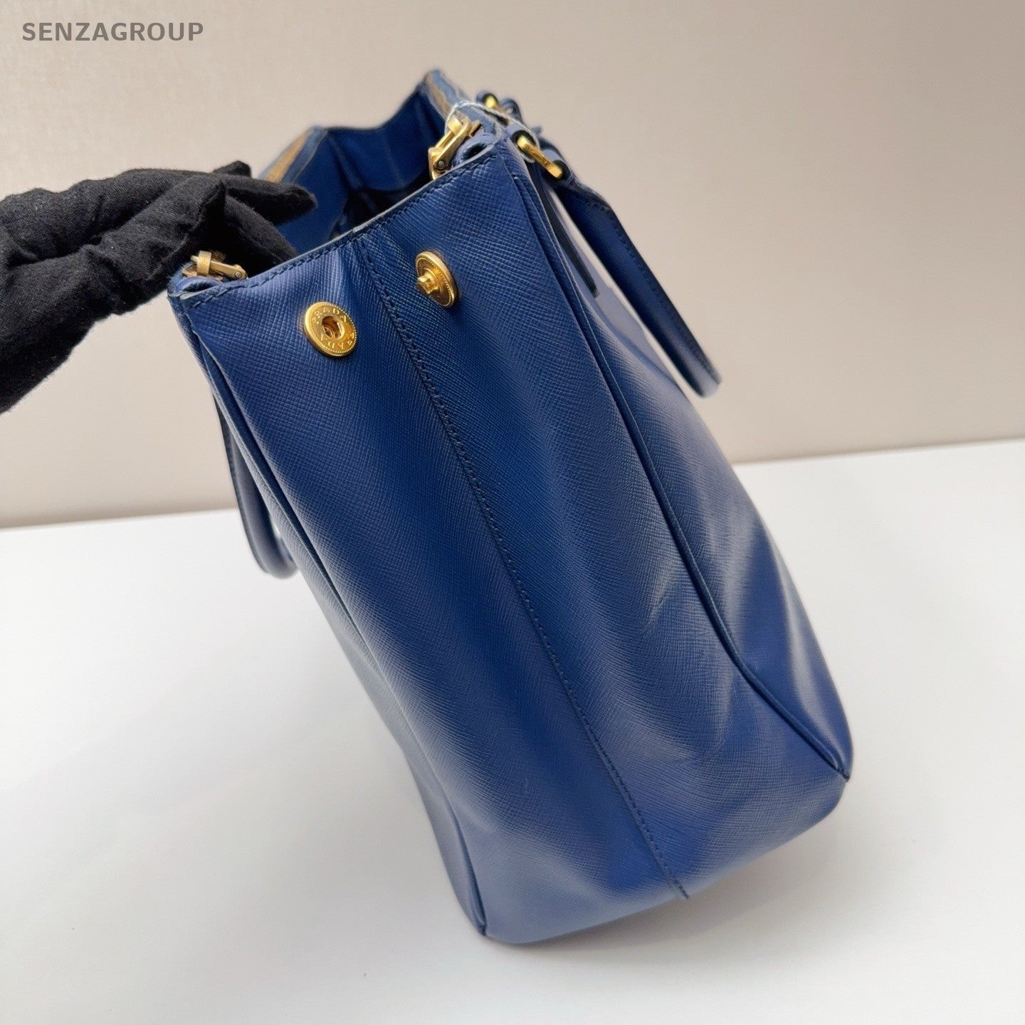 PRADA Saffiano Top Handle Blue Gold Handbag Women Classic