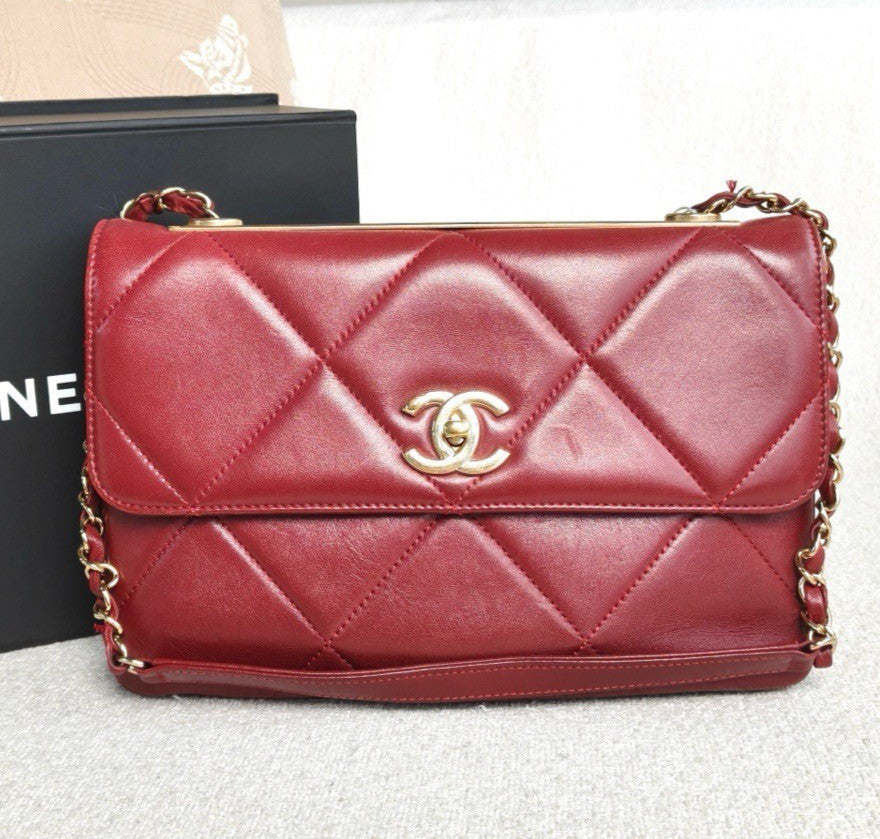 Chanel Trendy CC Lambskin Shoulder Bag Red Gold Diamond Women Classic Fashion