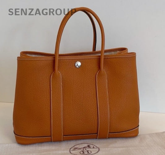 Hermes Garden Party30 Top Handle Bag Brown Silver Women Classic Fashion