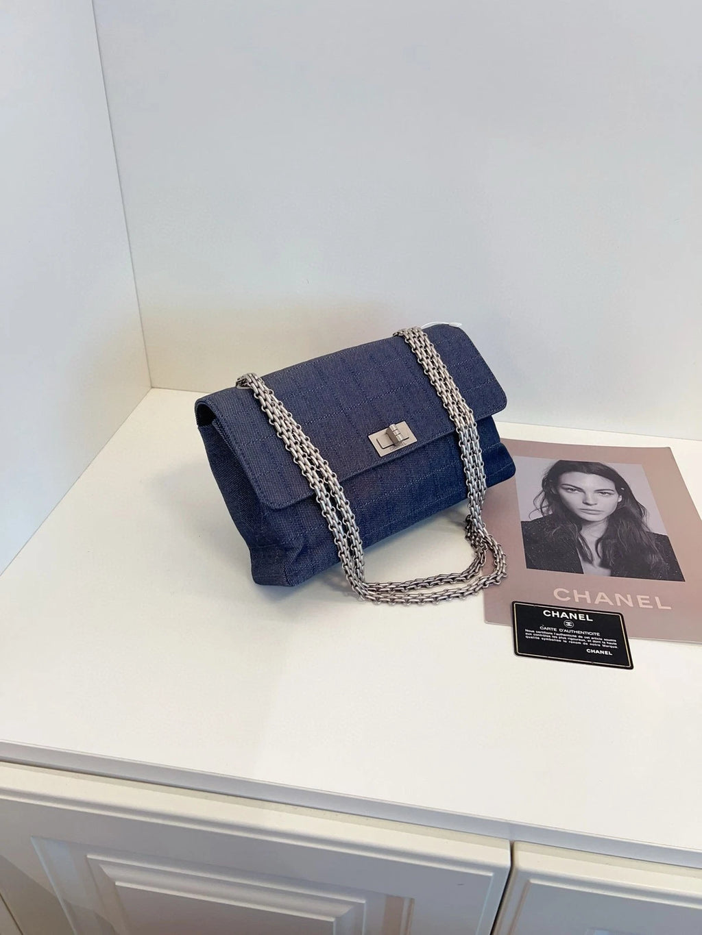 CHANEL Grey-blue Denim 2.55 Flap Chain Shoulder Bag For Women