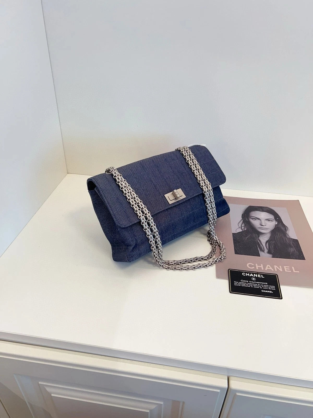 CHANEL Grey-blue Denim 2.55 Flap Chain Shoulder Bag For Women