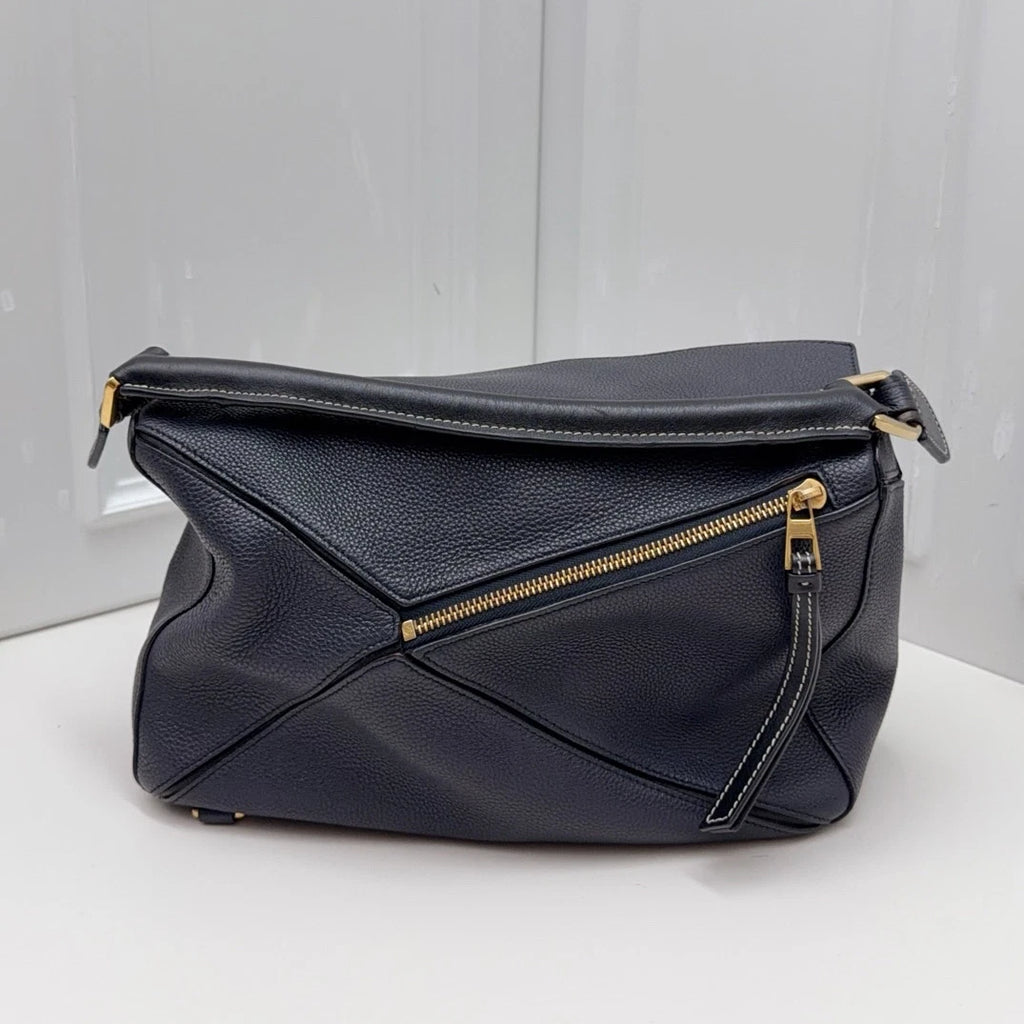 Loewe Puzzle Navy Calfskin Top Handle Crossbody Bag Gold Hardware Women