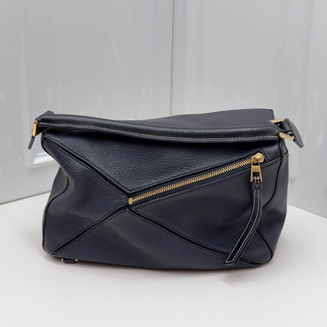 Loewe Puzzle Navy Calfskin Top Handle Crossbody Bag Gold Hardware Women
