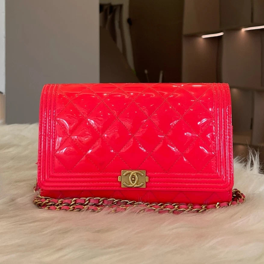 Chanel Le Boy Quilted Chain Shoulder Bag Pink Gold Women's