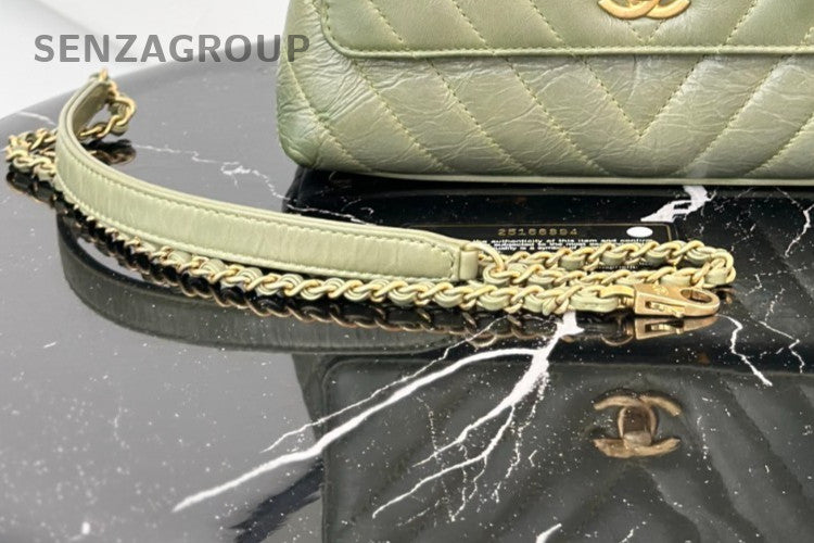 Chanel Cocohandle PM Calfskin Top Handle Bag Crossbody Green Gold Women Classic