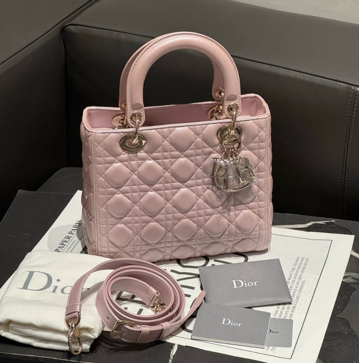 Dior Lady Dior Gold Pink Crossbody Top Handle Excellent