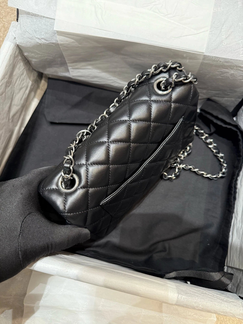 CHANEL Large Mini Lamskin Black Silver Crossbody Bag For Women