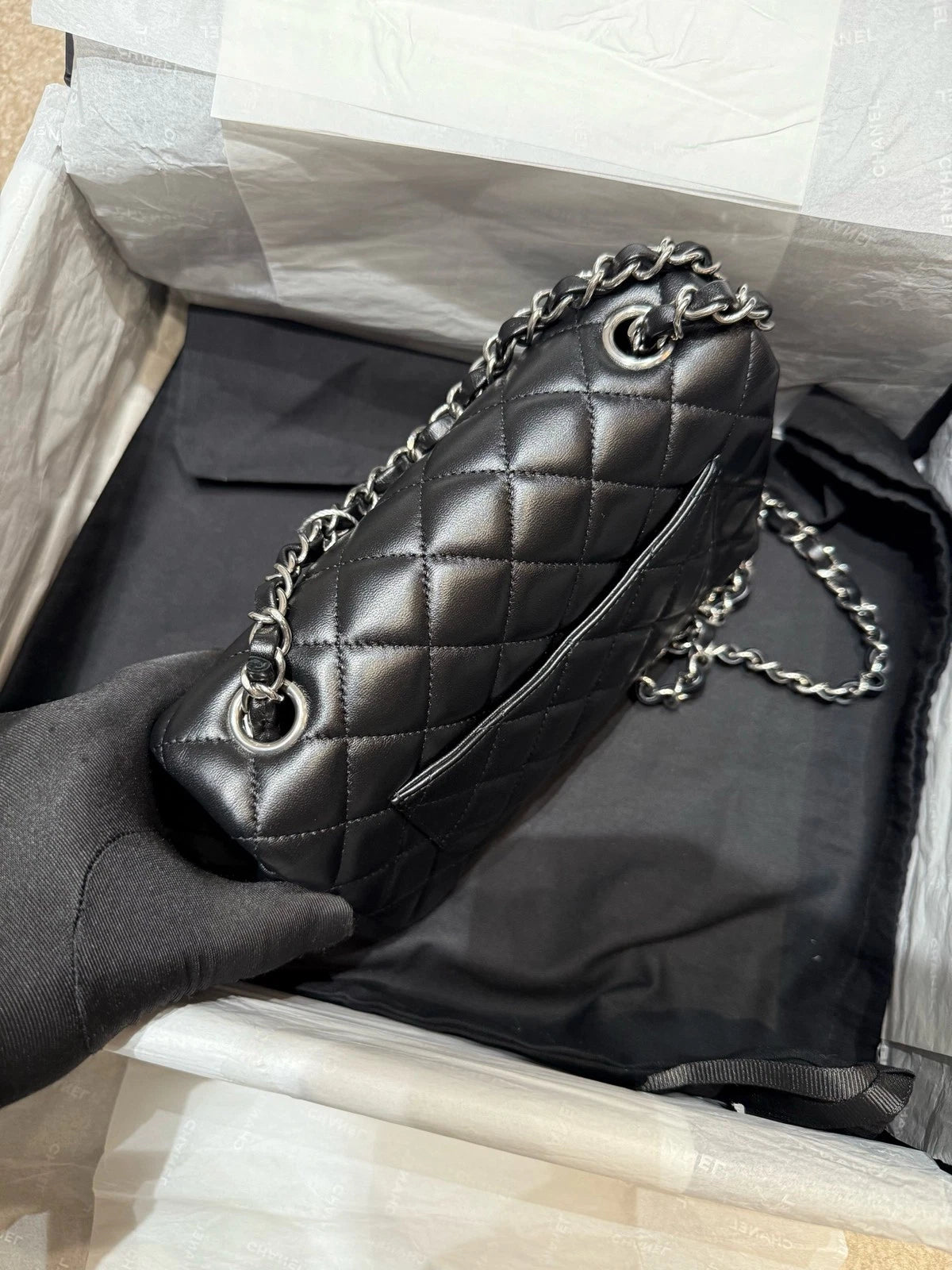 CHANEL Large Mini Lamskin Black Silver Crossbody Bag For Women