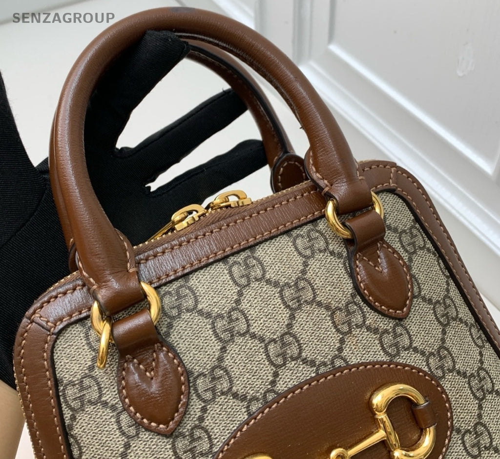 GUCCI 1955 Series Mini Horsebit Shell Top Handle Shoulder Crossbody Bag Brown