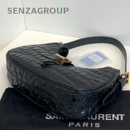 YSL Saint Laurent Croc-Embossed Hobo Shoulder Pea Bag Black Women