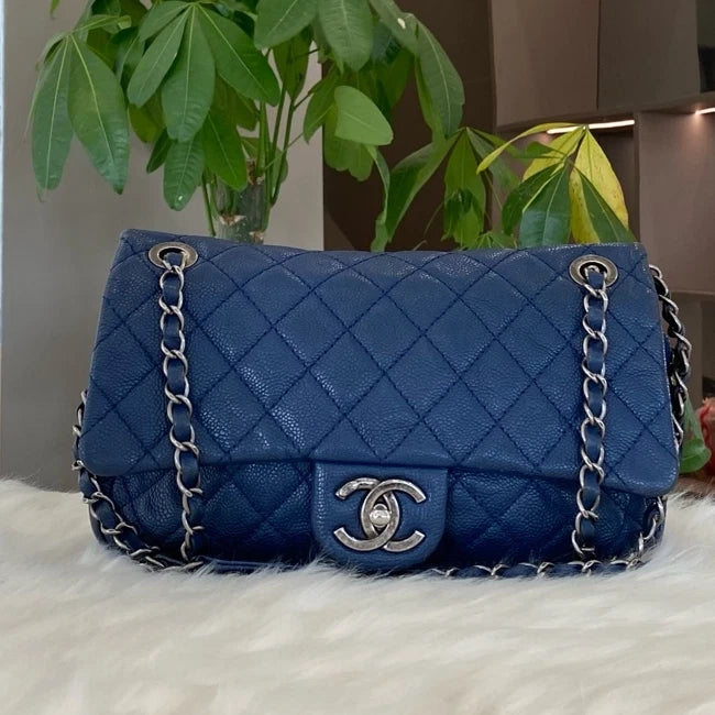 Chanel Classic Flap Chain Shoulder Crossbody Bag Blue Silver
