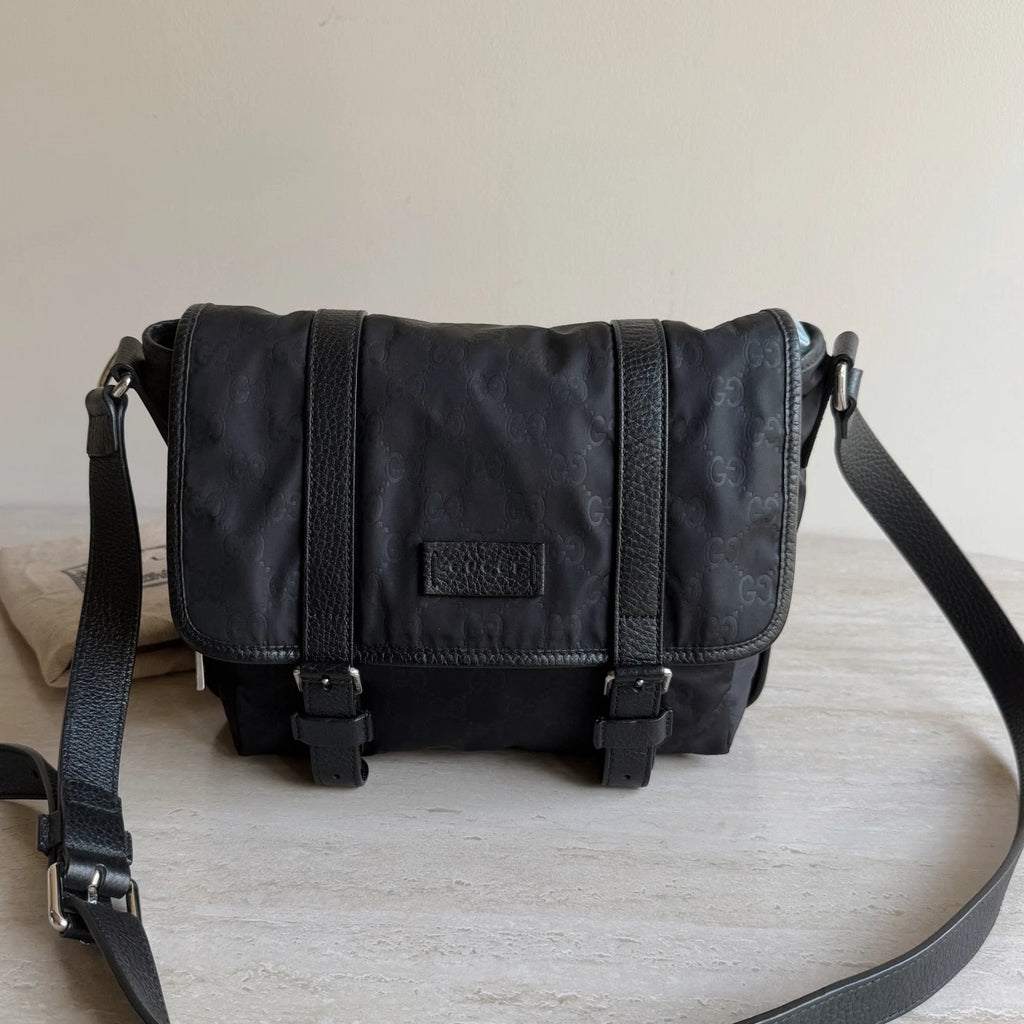Gucci Monogram Nylon Black Messenger Shoulder Bag Crossbody Silver Hardware