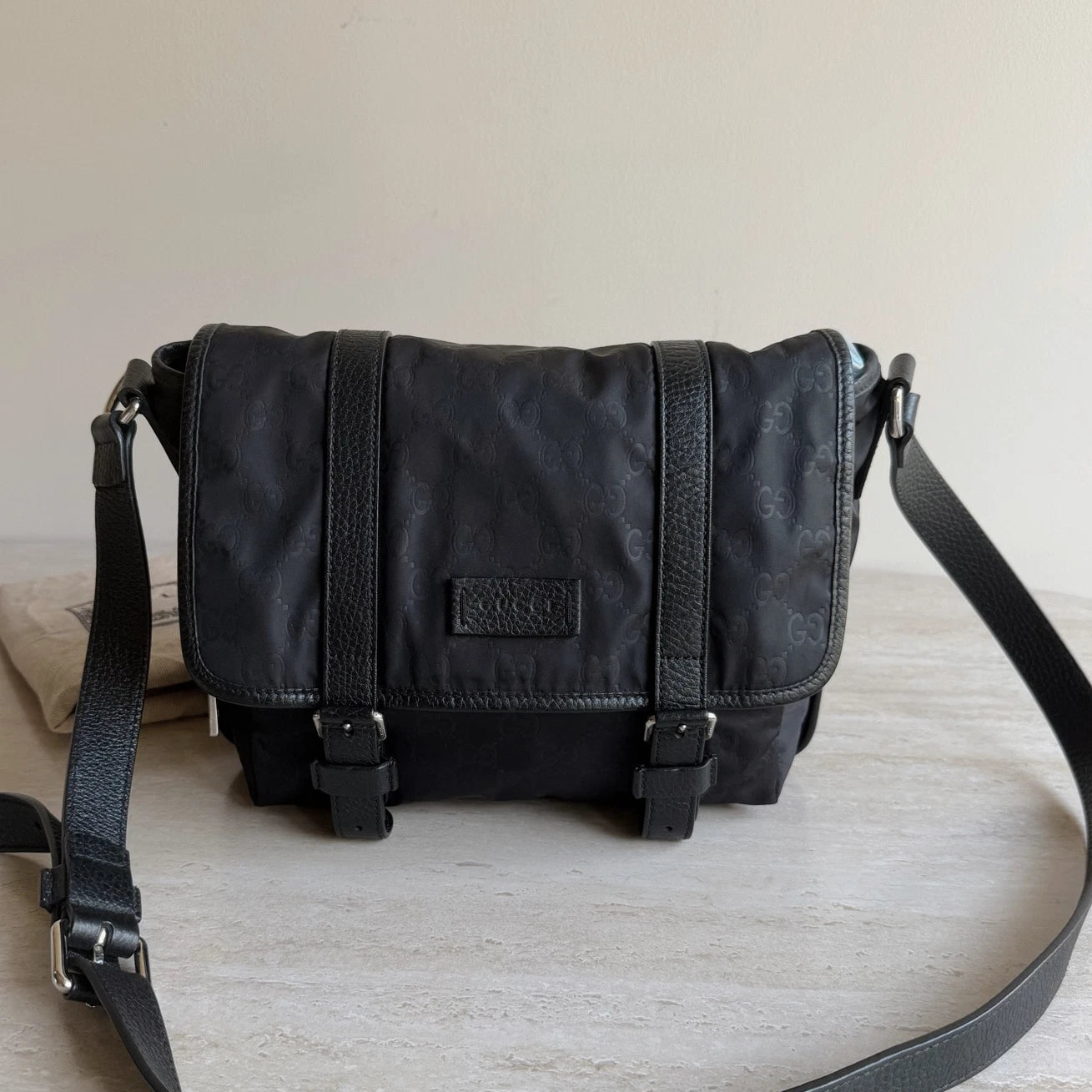 Gucci Monogram Nylon Black Messenger Shoulder Bag Crossbody Silver Hardware