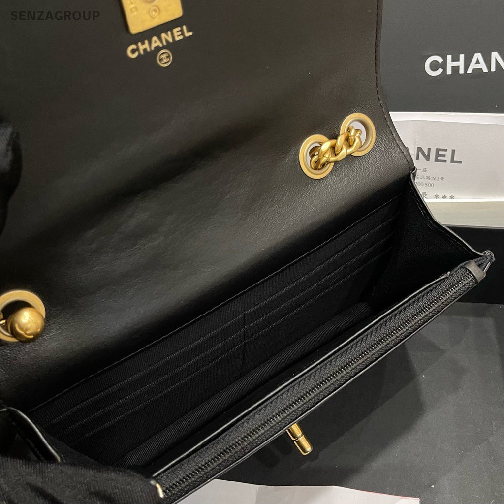 Chanel WOC Lambskin Chain Shoulder Bag Crossbody Black Gold Women