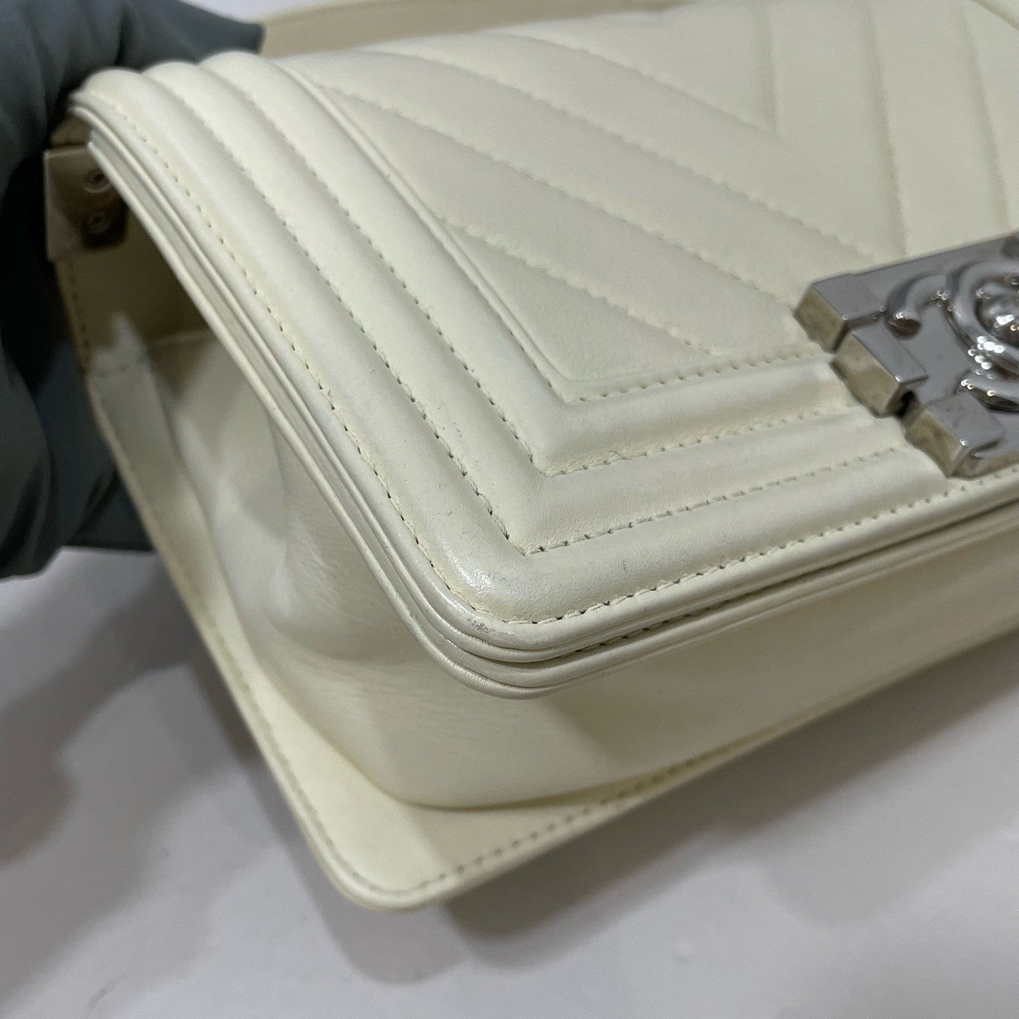 Chanel Leboy PM Chain Shoulder Bag White Silver Women Classic Fashion