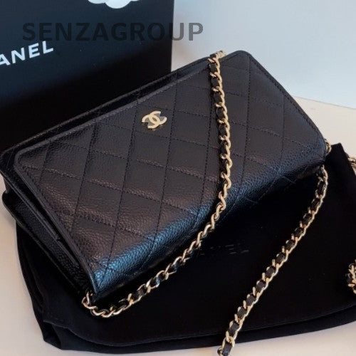 Chanel WOC Chain Diamond Crossbody Shoulder Bag Black Gold Used Women Fashion