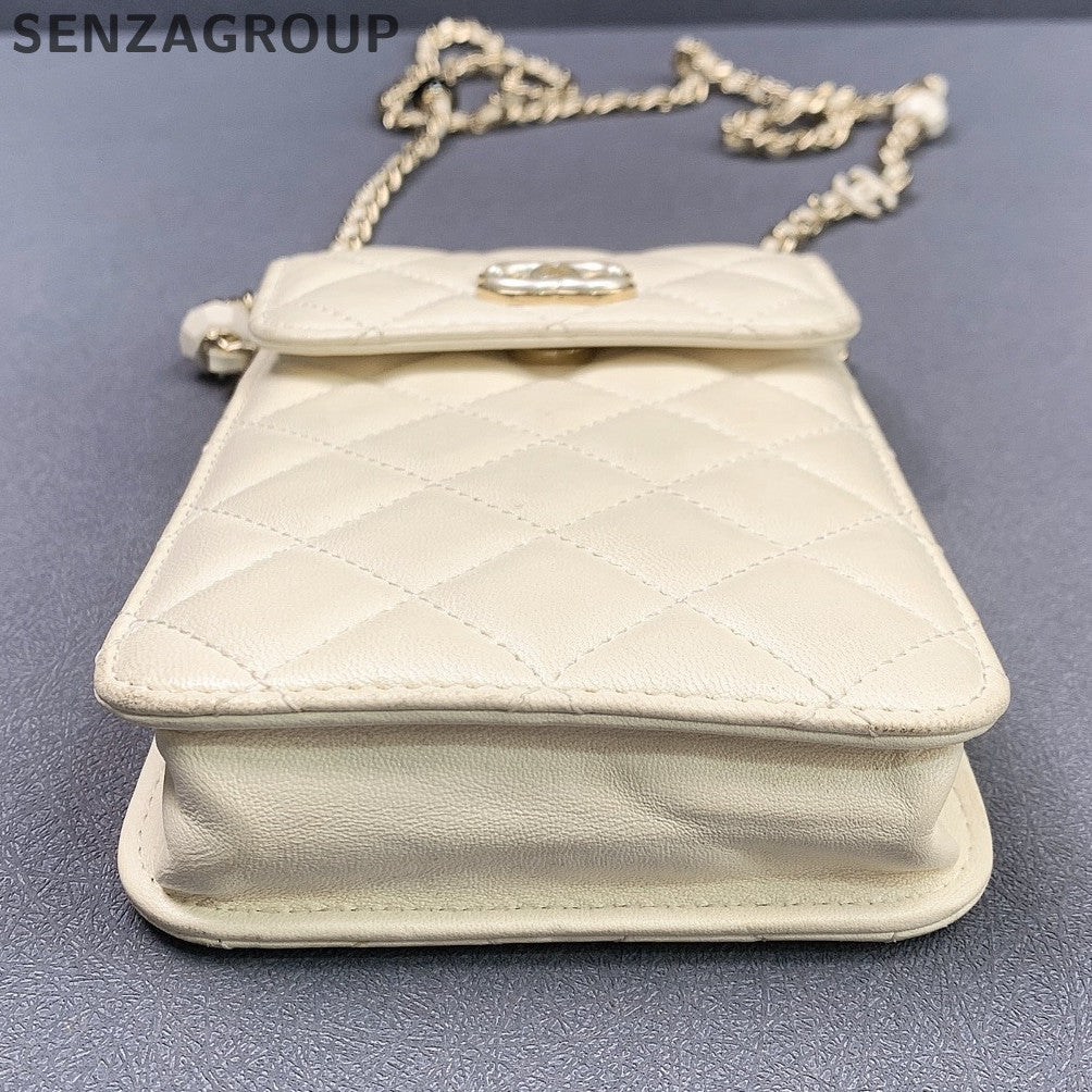 Chanel Lambskin Phone Chain Crossbody Bag White Gold Classic Fashion Women