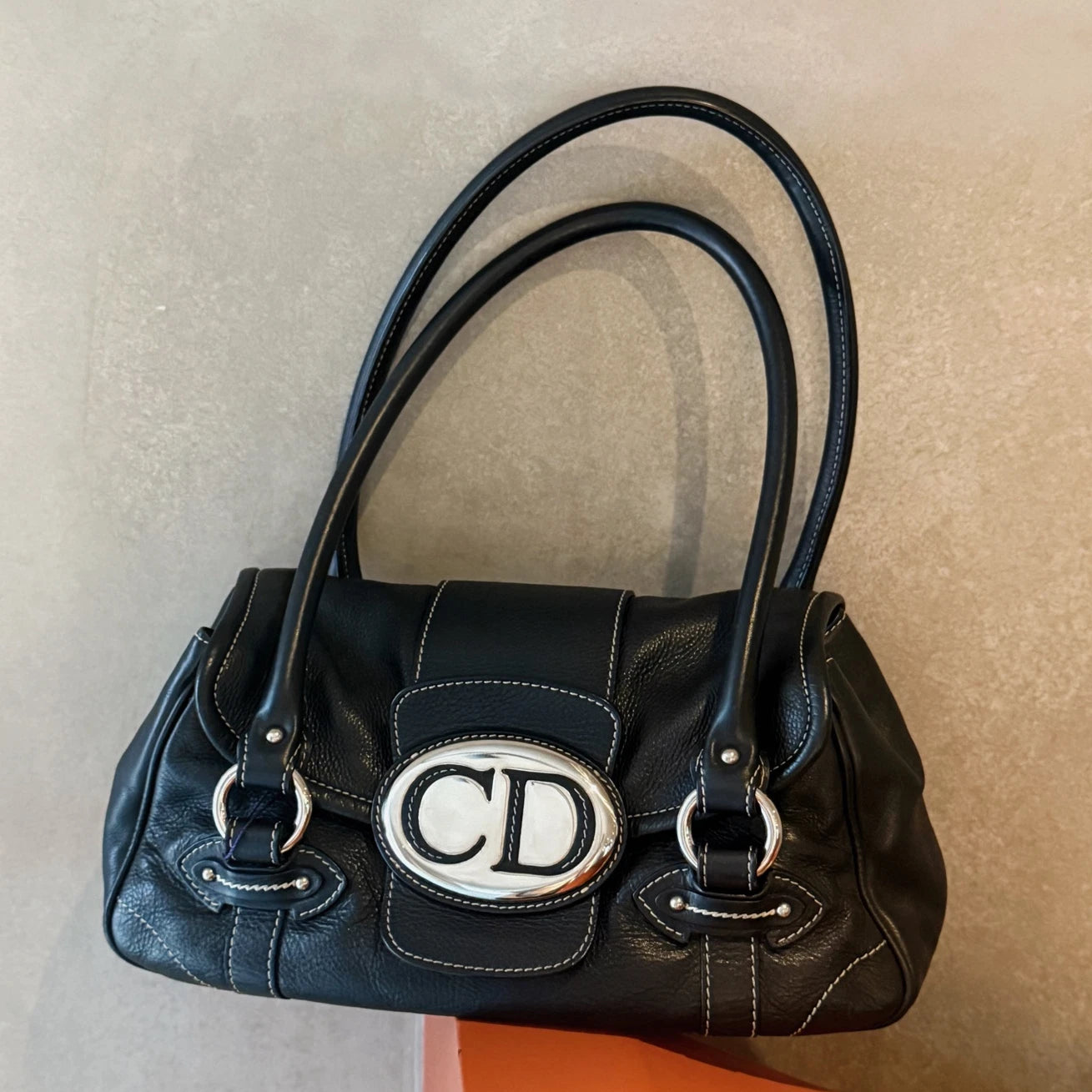 Christian Dior Calfskin PM Shoulder Bag Black Silver Hardware Women Classic