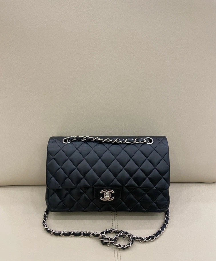 CHANEL CF Medium Black Silver Lambskin Shoulder Bag For Women
