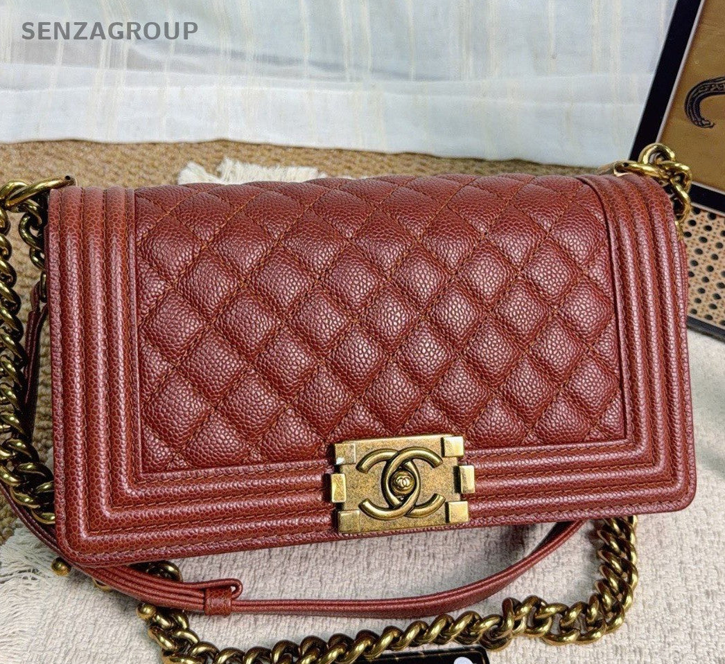 Chanel Leboy MM Chain Shoulder Bag Crossbody Red Gold Women Classic Diamond