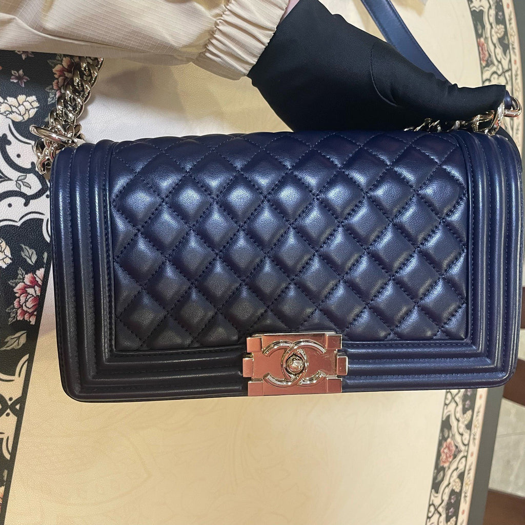 Chanel Leboy MM Lambskin Chain Shoulder Bag Crossbody Blue Gold Women Classic