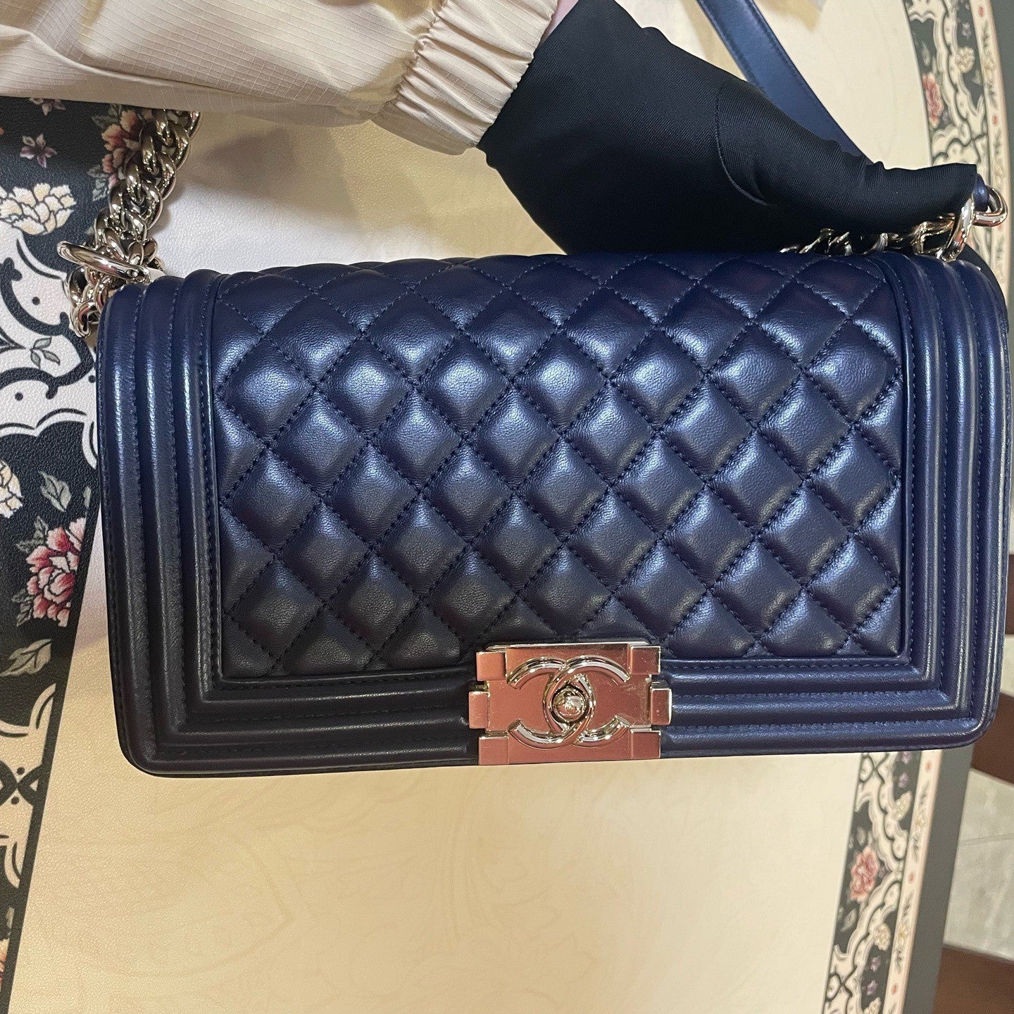 Chanel Leboy MM Lambskin Chain Shoulder Bag Crossbody Blue Gold Women Classic