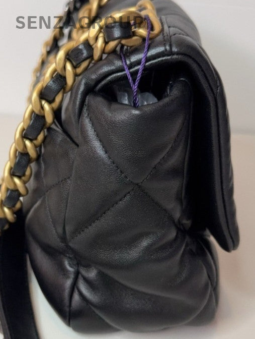 Chanel 19 CC Logo Diamond Pattern Chain Shoulder Bag Black Gold Women Classic