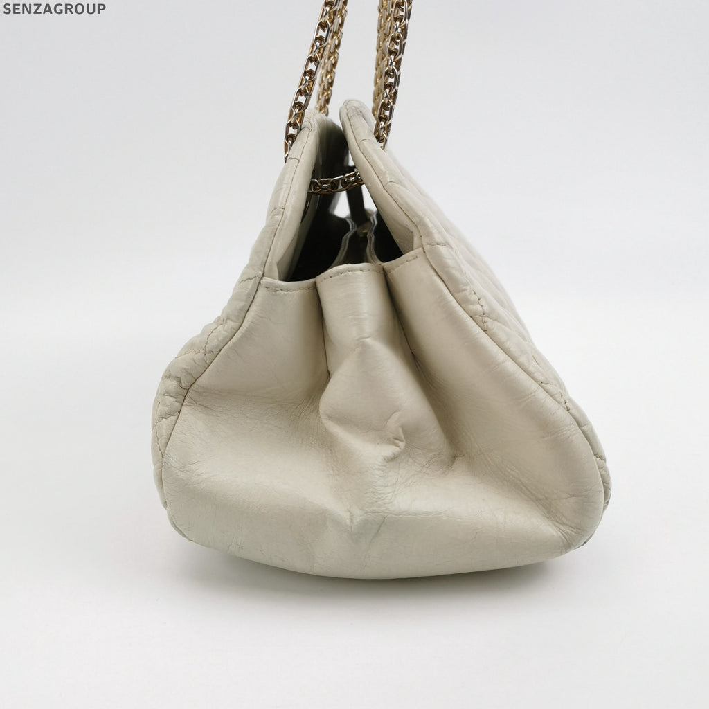 Chanel Bowling Quilted Leather Chain Shoulder Bag - Silver White Classic