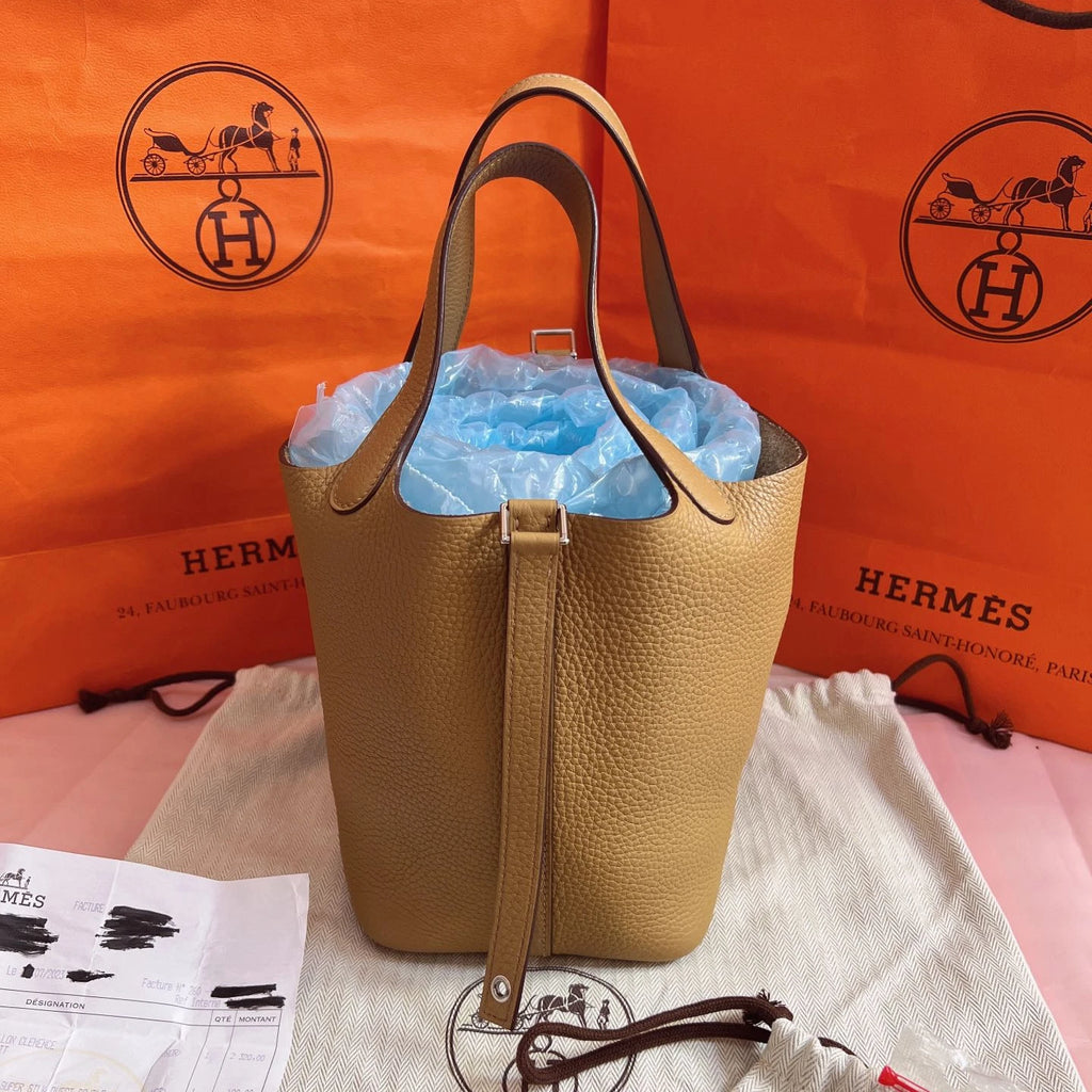Hermes Picotin18 Top Handle Bag Brown Silver Women Classic Fashion
