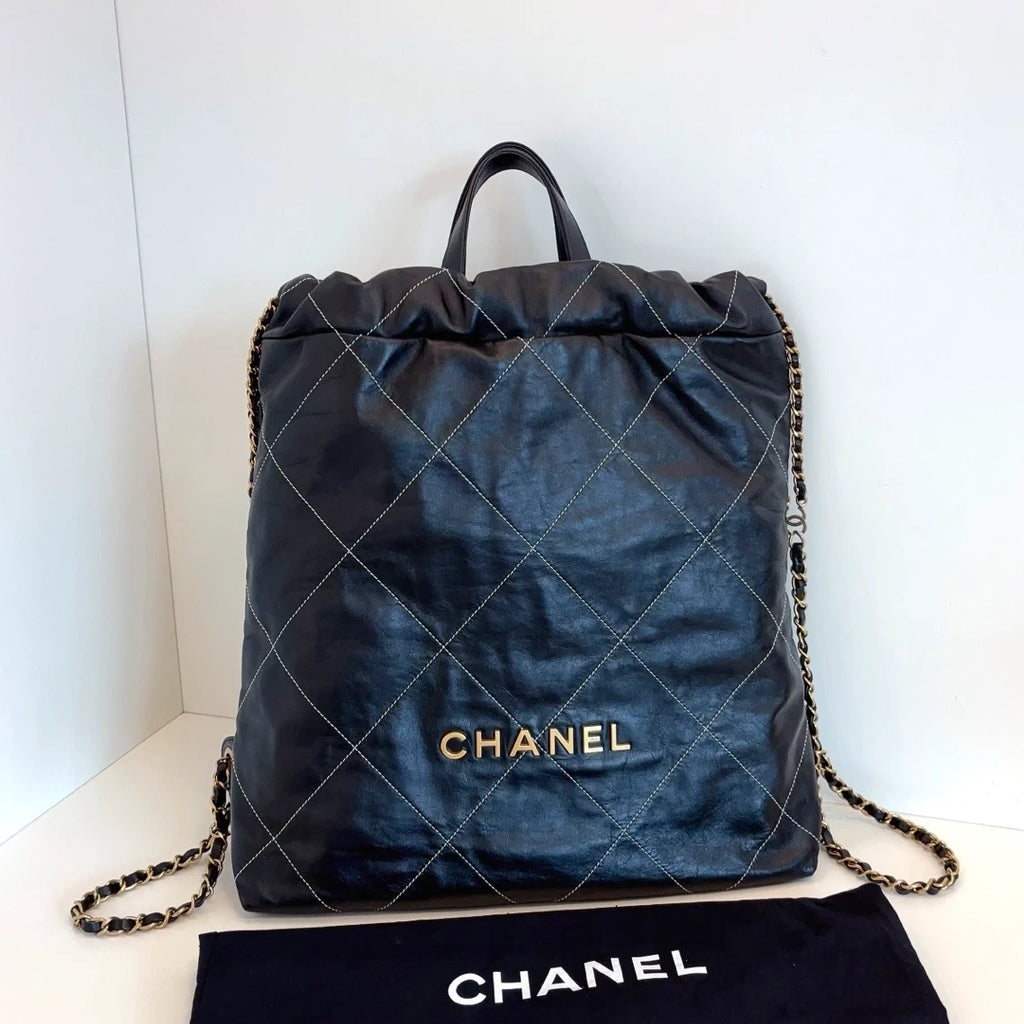Chanel 22Bag Chain Backpack Black Gold Diamond Women Classic