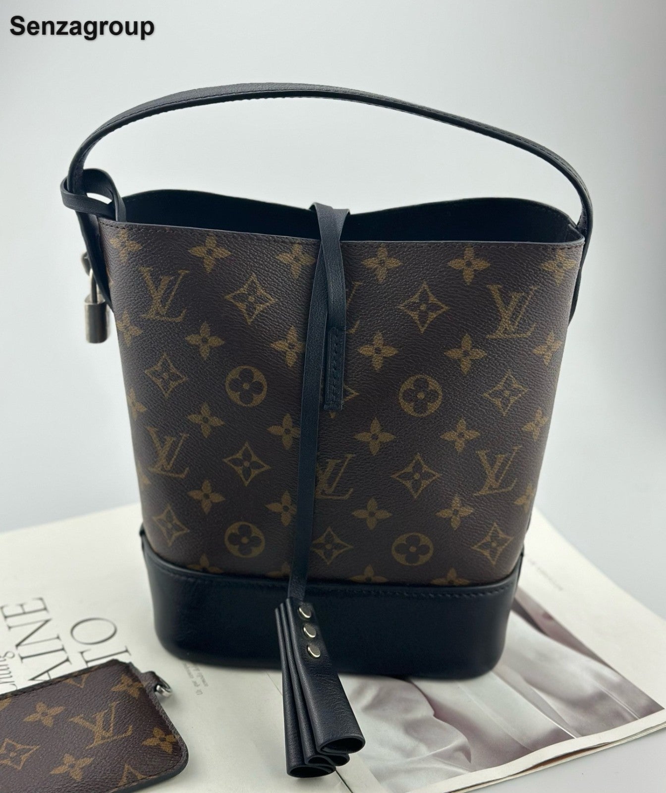 Louis Vuitton Monogram Tassel Bucket Top Handle Bag Brown Silver Women Classic