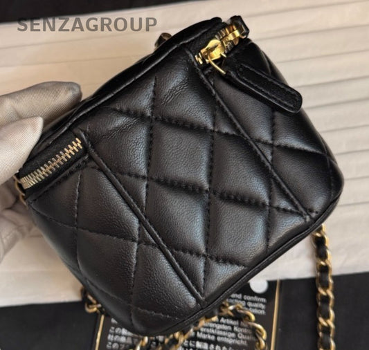 Chanel Box Chain Diamond Shoulder Bag Crossbody Black Gold Women Classic