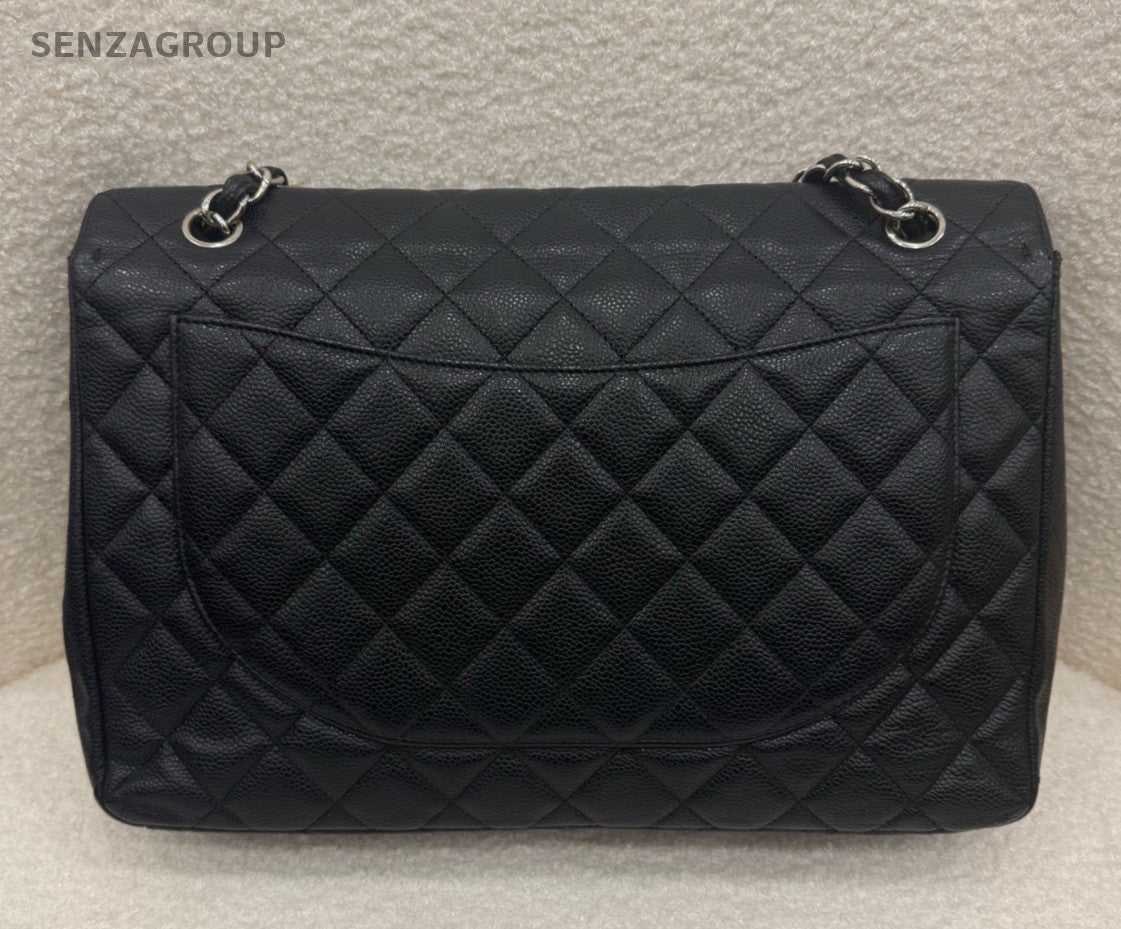 Chanel Classic Flap GM Calfskin Chain Shoulder Bag Black Silver Diamond Women