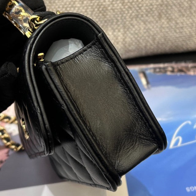 Chanel Diamond Lambskin WOC Chain Top Handle Bag Crossbody Black Gold Women